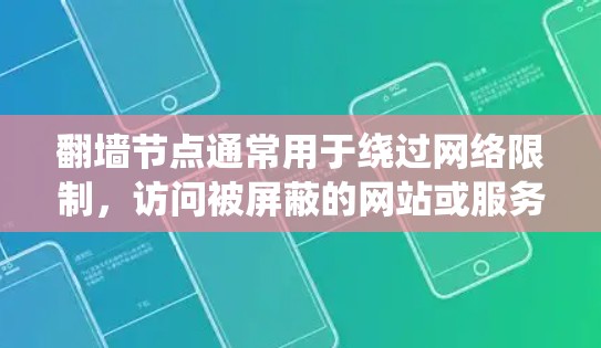 翻墙节点通常用于绕过网络限制,访问被屏蔽的网站或服务。但请注意,翻墙活动可能违反某些国家或地区的法律法规,建议遵守相关法律法规,避免从事非法活动 翻墙节点通常用于绕过网络限制,访问被屏蔽的网站或服务。但请注意,翻墙活动可能违反某些国家或地区的法律法规,建议遵守相关法律法规,避免从事非法活动